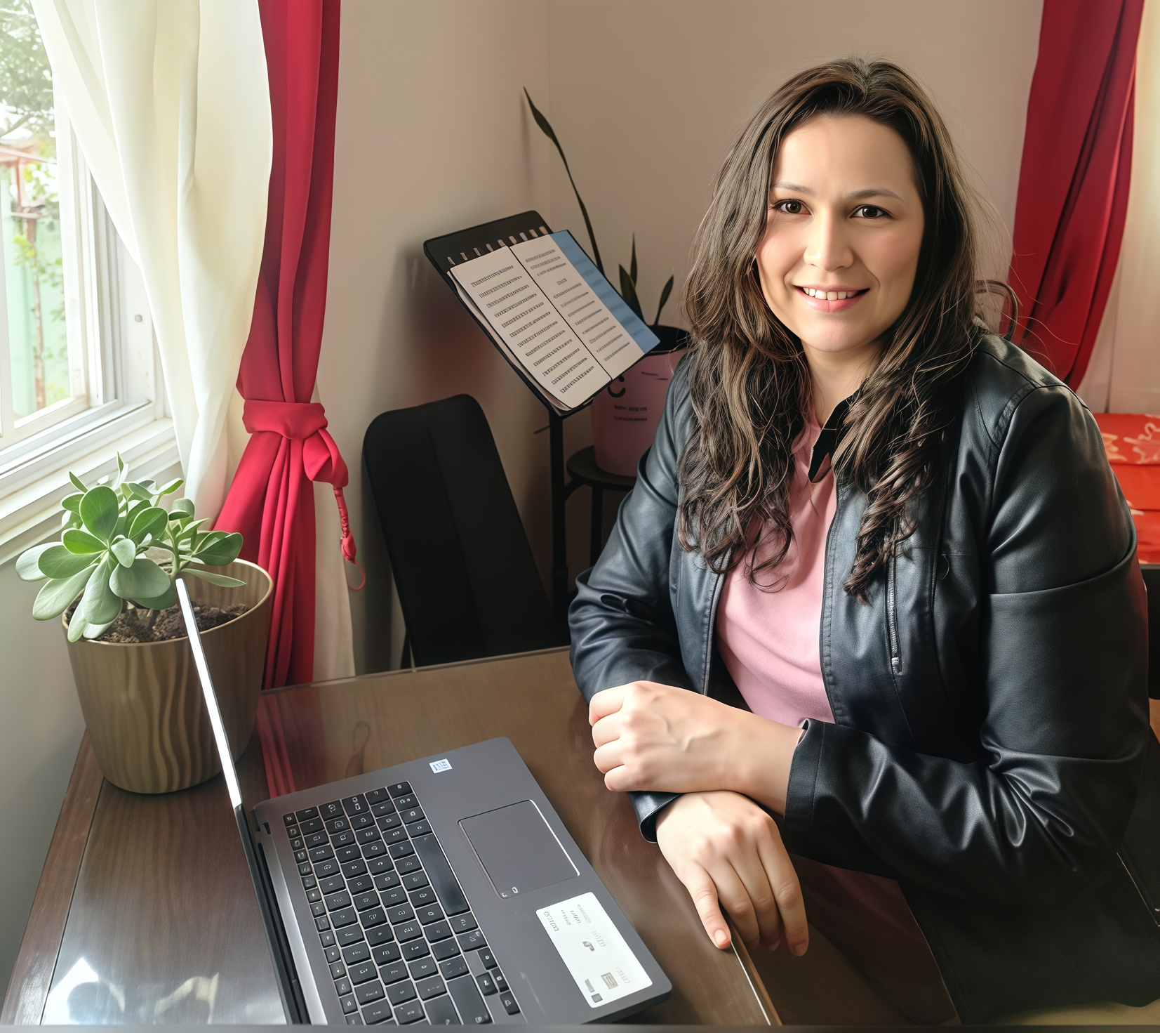 Mónica, profesora de español, sonríe mientras trabaja desde su escritorio con un computador portátil en un ambiente cercano y acogedor.